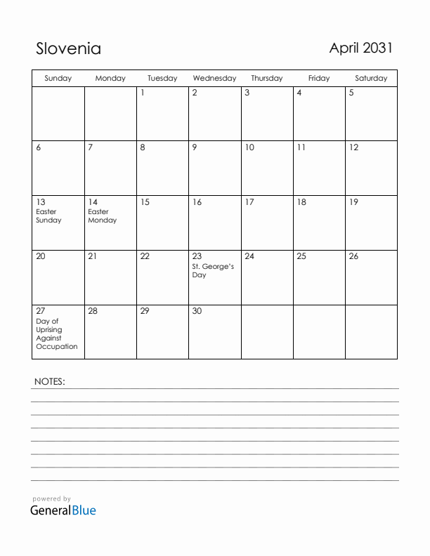 April 2031 Slovenia Calendar with Holidays (Sunday Start)