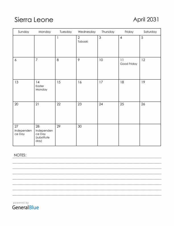 April 2031 Sierra Leone Calendar with Holidays (Sunday Start)