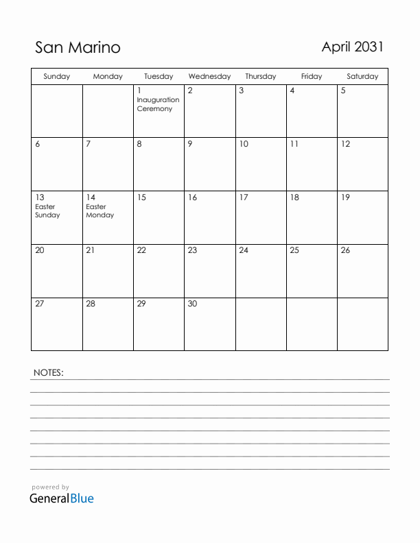April 2031 San Marino Calendar with Holidays (Sunday Start)