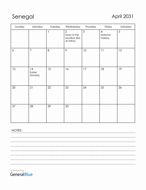 April 2031 Senegal Calendar with Holidays (Sunday Start)