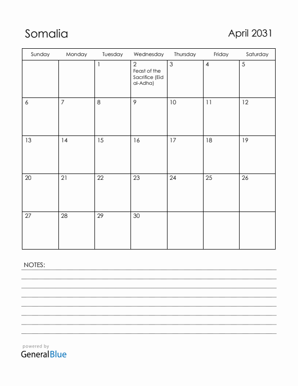 April 2031 Somalia Calendar with Holidays (Sunday Start)