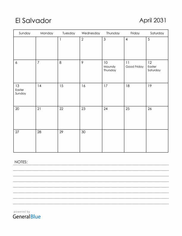 April 2031 El Salvador Calendar with Holidays (Sunday Start)