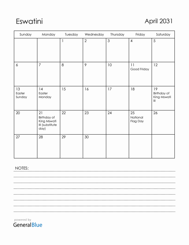 April 2031 Eswatini Calendar with Holidays (Sunday Start)