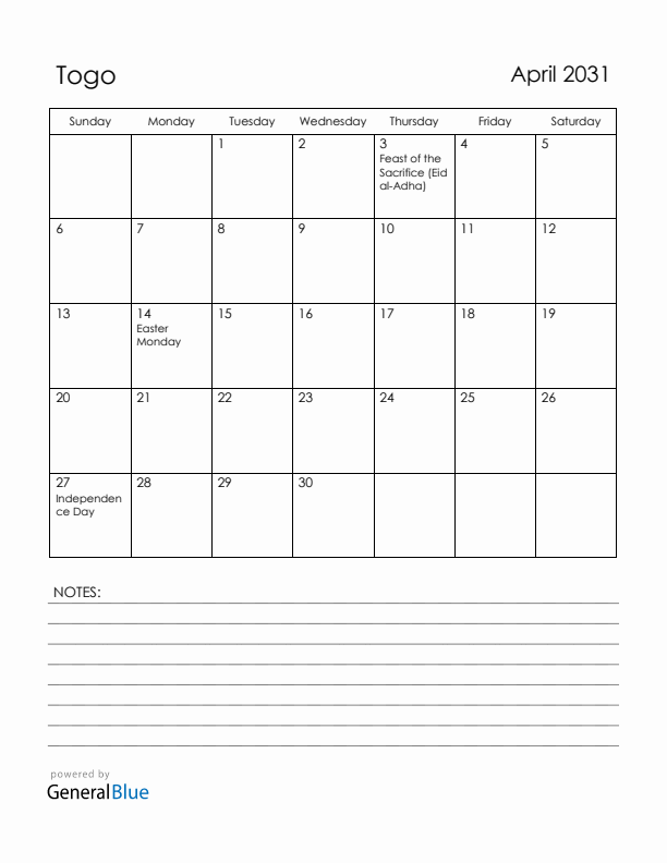 April 2031 Togo Calendar with Holidays (Sunday Start)