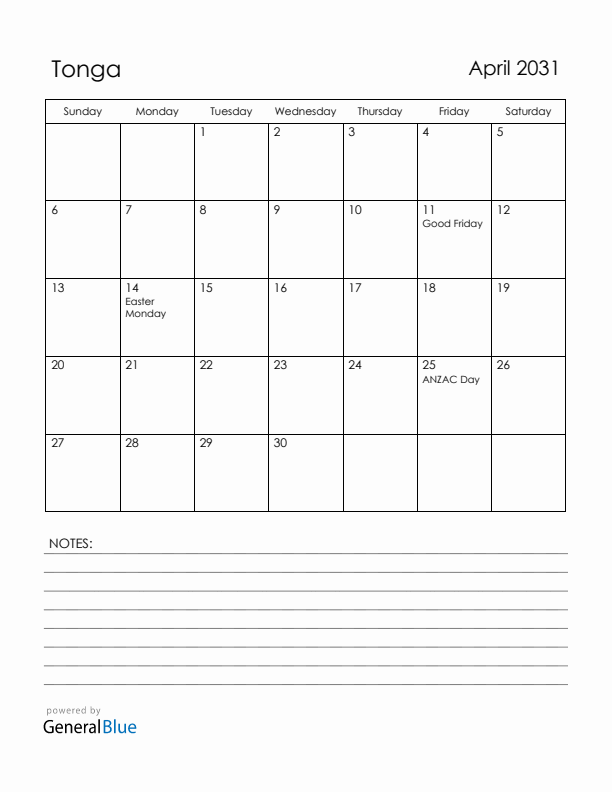 April 2031 Tonga Calendar with Holidays (Sunday Start)