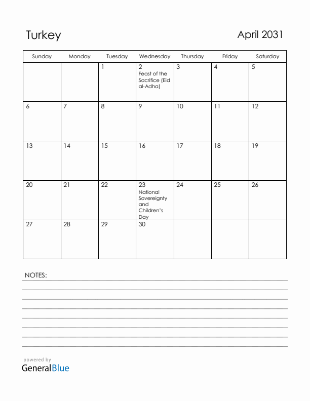 April 2031 Turkey Calendar with Holidays (Sunday Start)