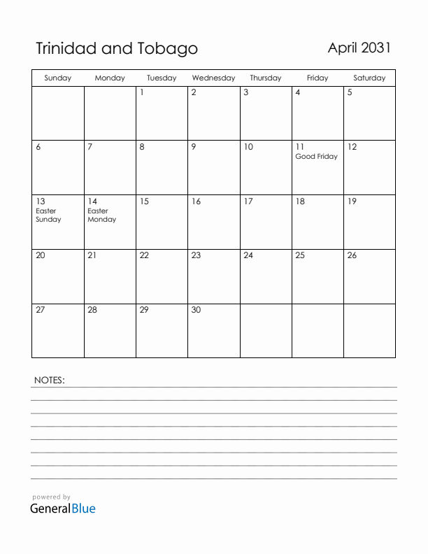 April 2031 Trinidad and Tobago Calendar with Holidays (Sunday Start)