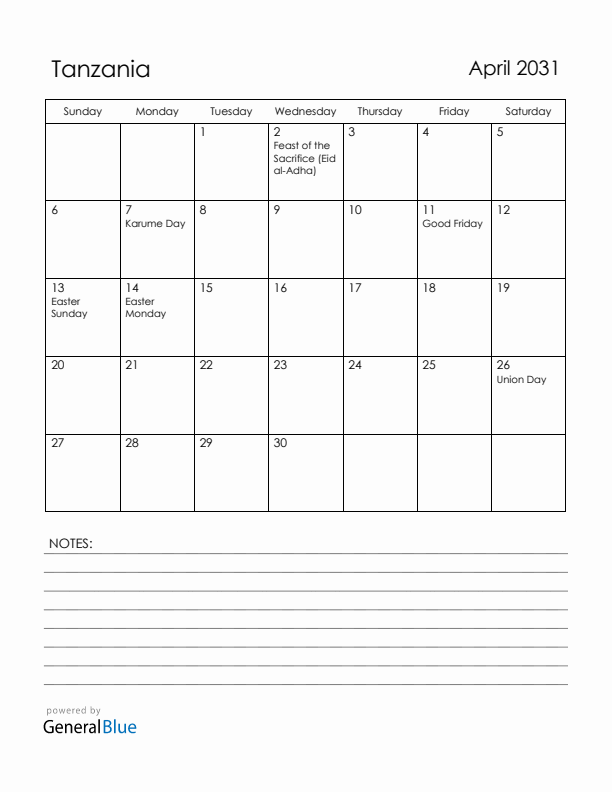 April 2031 Tanzania Calendar with Holidays (Sunday Start)
