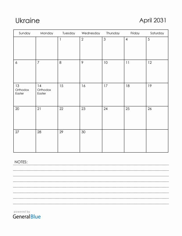 April 2031 Ukraine Calendar with Holidays (Sunday Start)