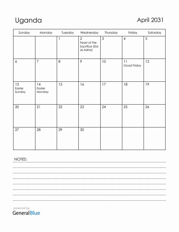 April 2031 Uganda Calendar with Holidays (Sunday Start)