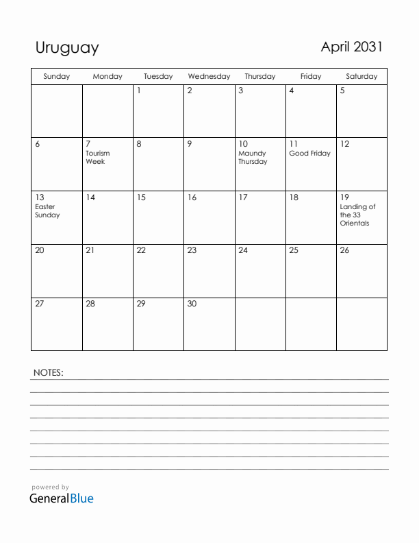 April 2031 Uruguay Calendar with Holidays (Sunday Start)