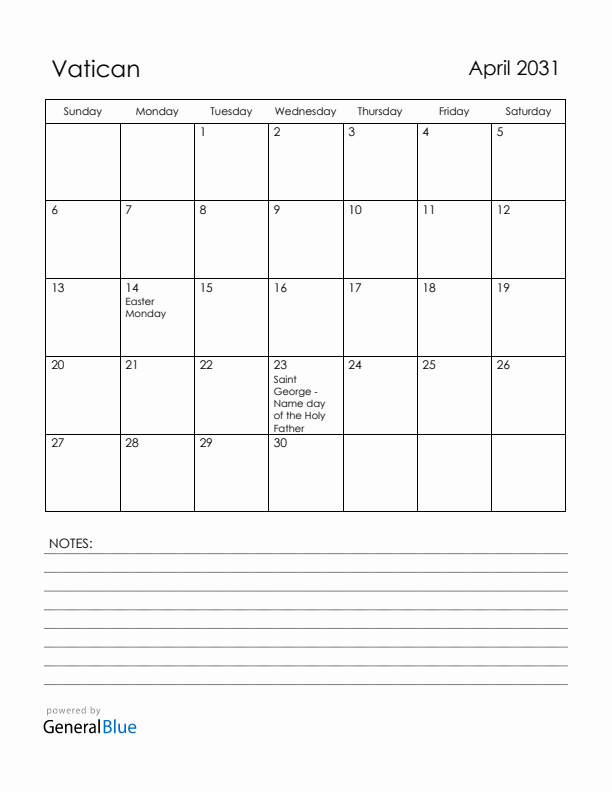 April 2031 Vatican Calendar with Holidays (Sunday Start)