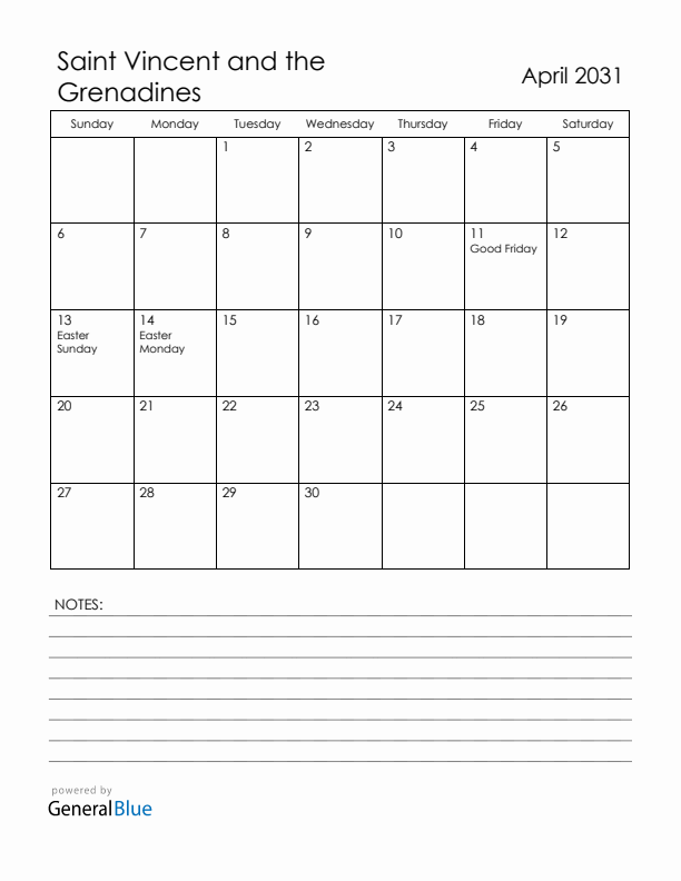 April 2031 Saint Vincent and the Grenadines Calendar with Holidays (Sunday Start)