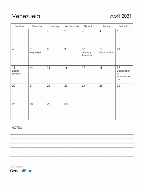 April 2031 Venezuela Calendar with Holidays (Sunday Start)