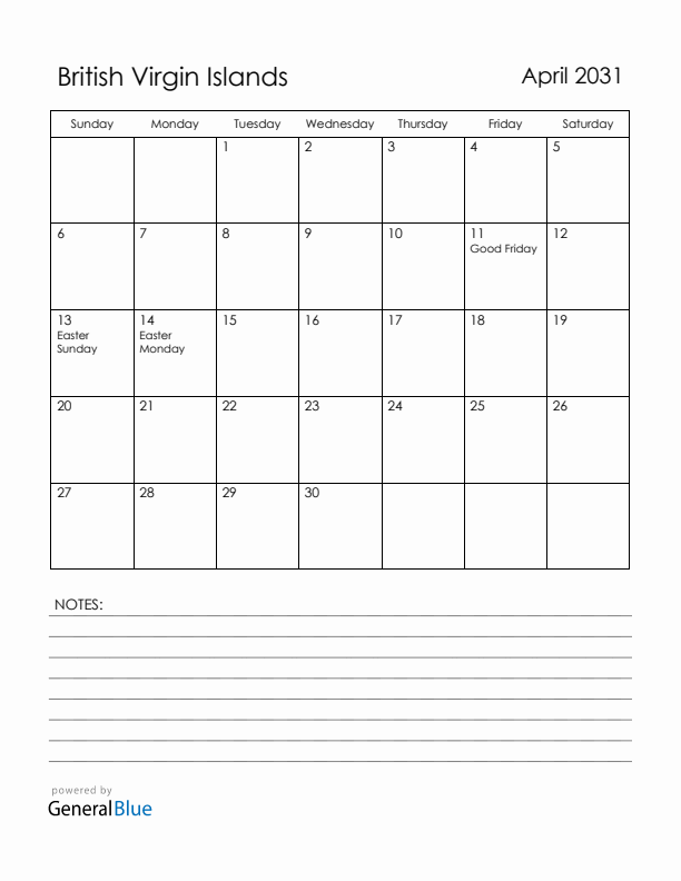April 2031 British Virgin Islands Calendar with Holidays (Sunday Start)