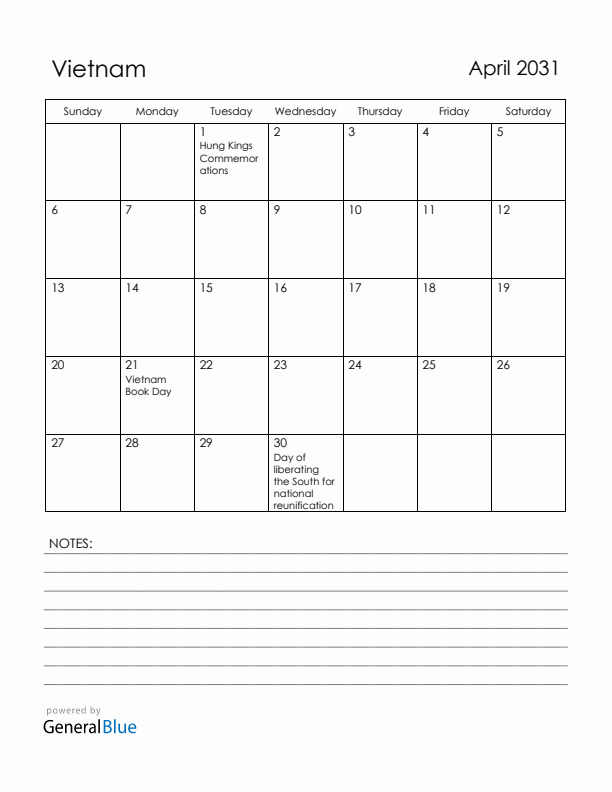 April 2031 Vietnam Calendar with Holidays (Sunday Start)