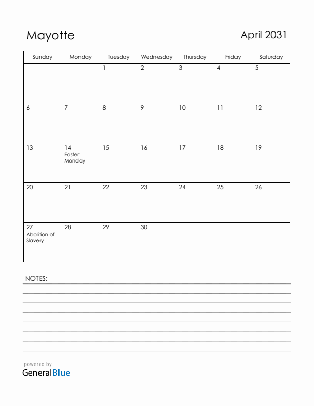 April 2031 Mayotte Calendar with Holidays (Sunday Start)