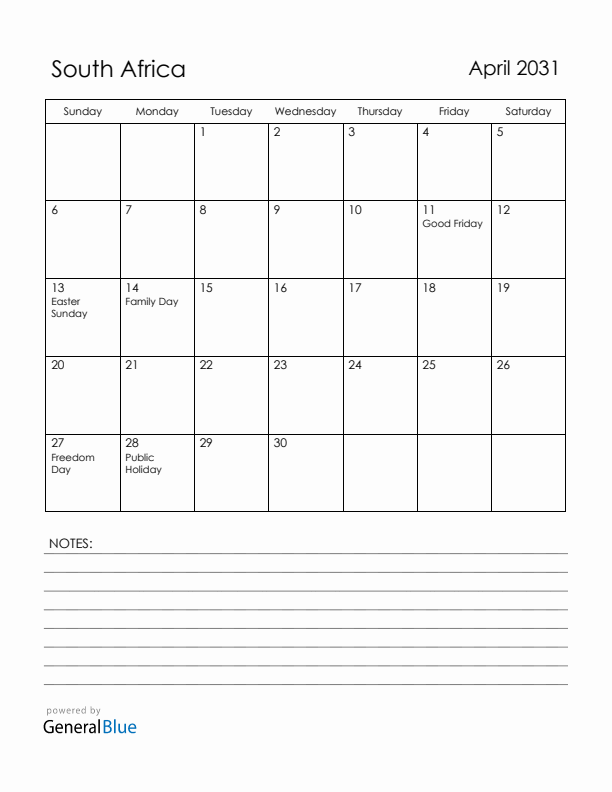 April 2031 South Africa Calendar with Holidays (Sunday Start)