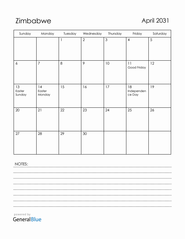 April 2031 Zimbabwe Calendar with Holidays (Sunday Start)