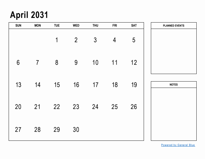 April 2031 Calendar Planner