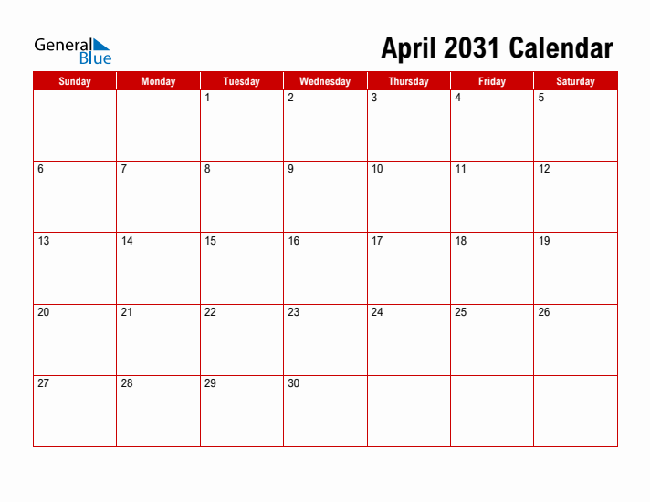 Simple Monthly Calendar - April 2031