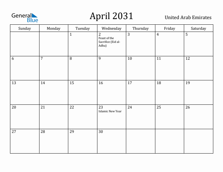 April 2031 Calendar United Arab Emirates