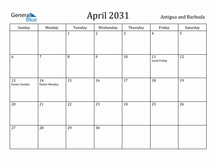 April 2031 Calendar Antigua and Barbuda