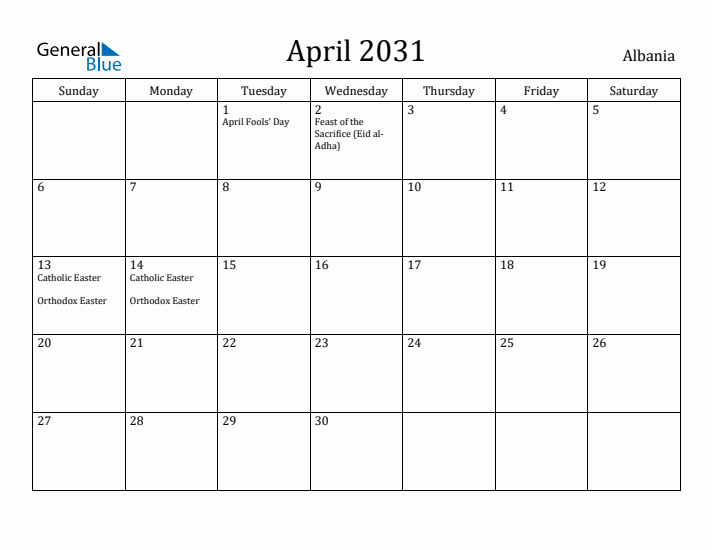 April 2031 Calendar Albania