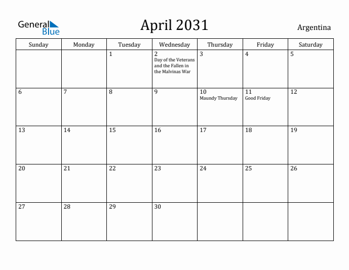 April 2031 Calendar Argentina