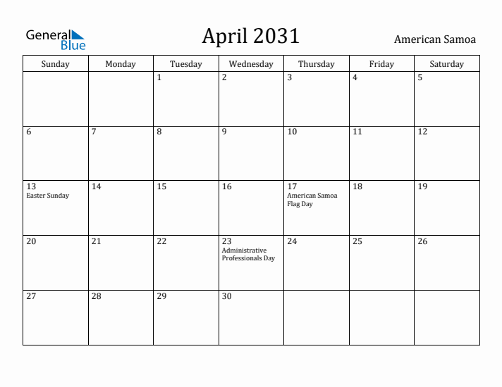 April 2031 Calendar American Samoa