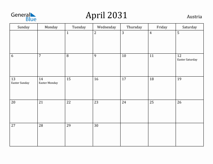 April 2031 Calendar Austria