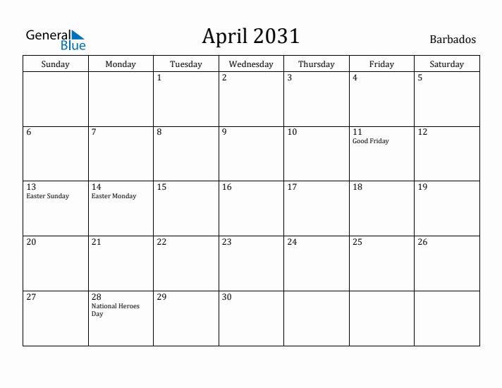 April 2031 Calendar Barbados