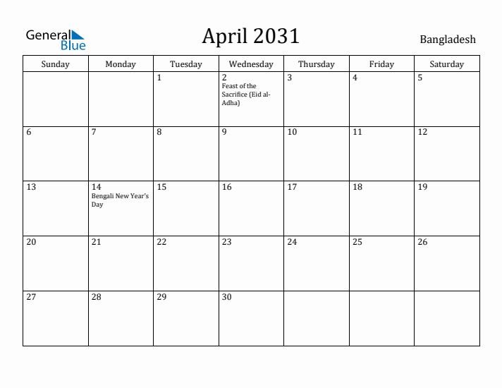 April 2031 Calendar Bangladesh