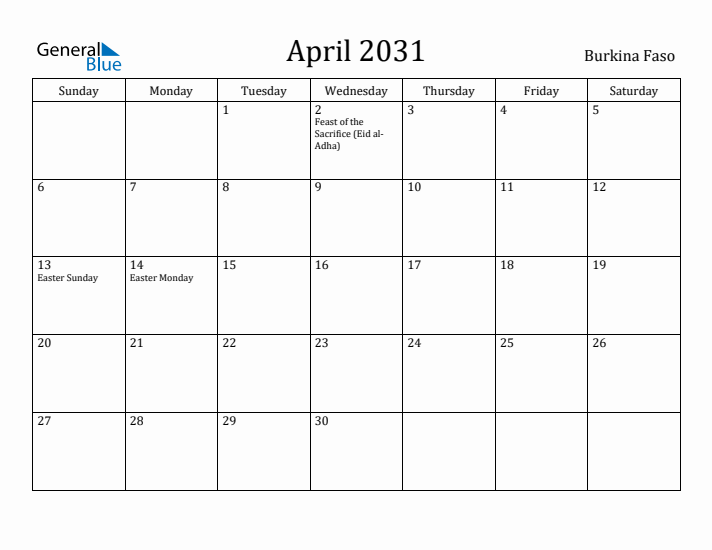 April 2031 Calendar Burkina Faso