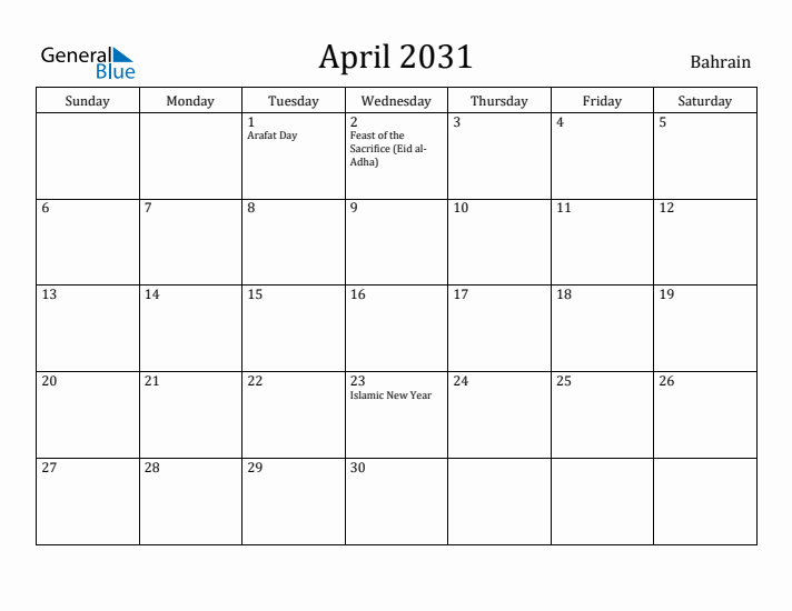April 2031 Calendar Bahrain