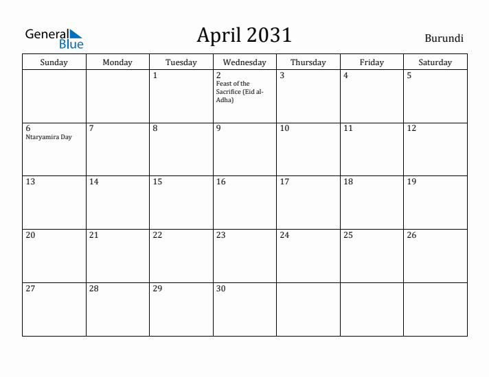 April 2031 Calendar Burundi