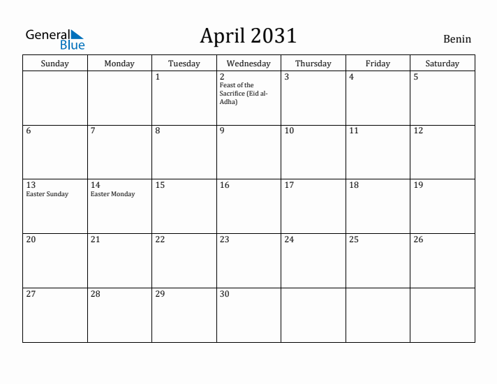April 2031 Calendar Benin