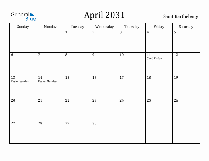 April 2031 Calendar Saint Barthelemy