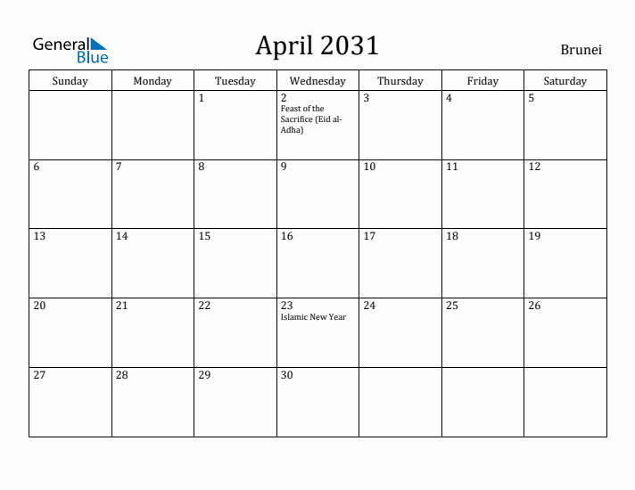 April 2031 Calendar Brunei