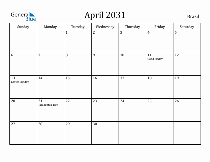 April 2031 Calendar Brazil