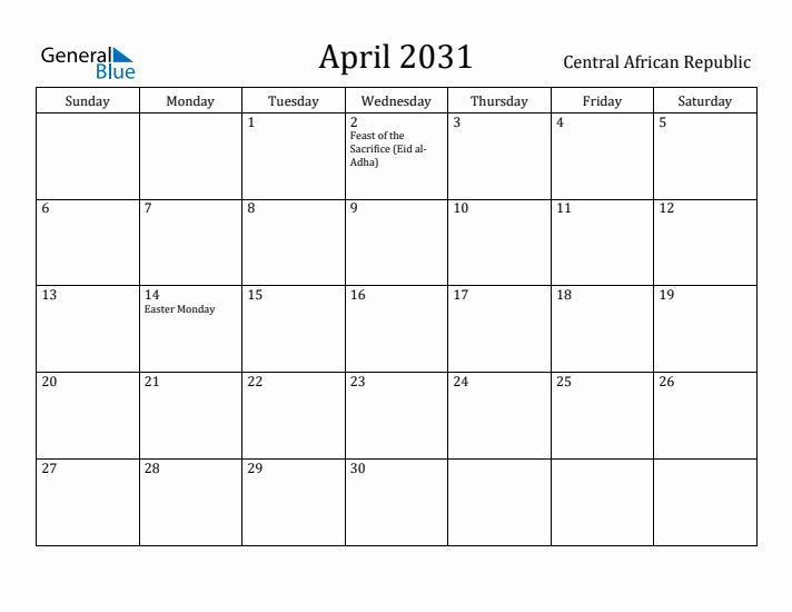 April 2031 Calendar Central African Republic
