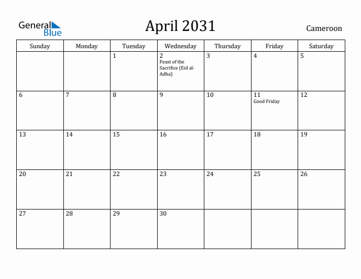 April 2031 Calendar Cameroon