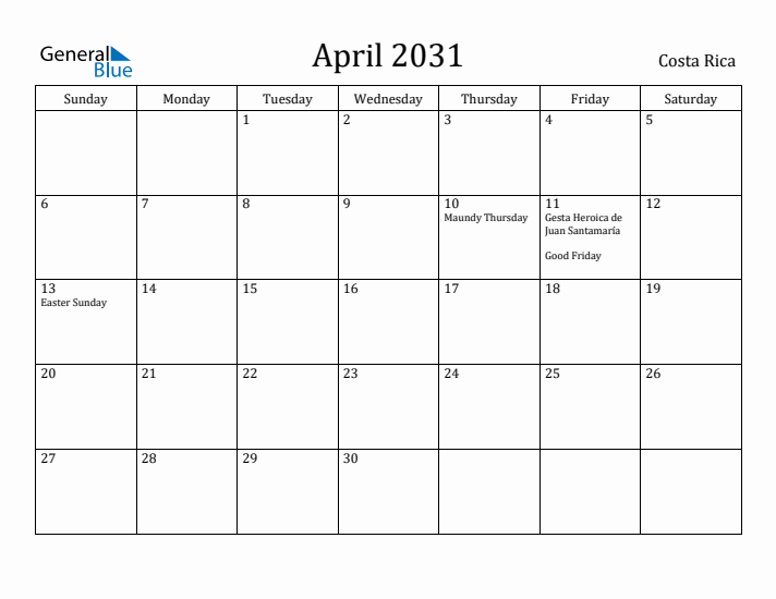 April 2031 Calendar Costa Rica