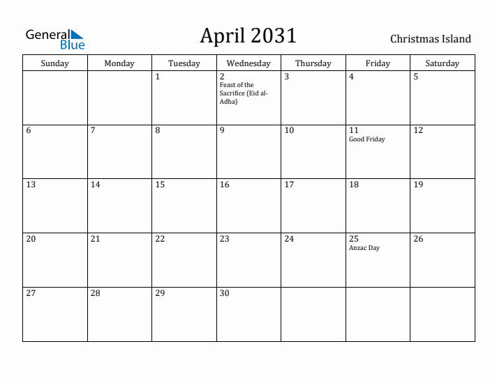April 2031 Calendar Christmas Island