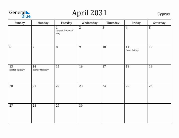 April 2031 Calendar Cyprus