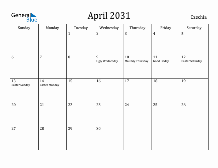 April 2031 Calendar Czechia