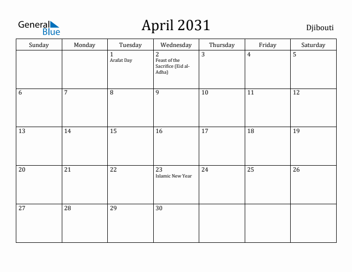 April 2031 Calendar Djibouti