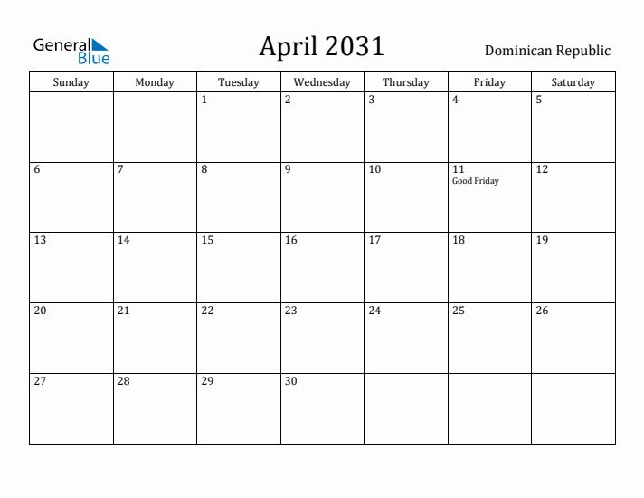 April 2031 Calendar Dominican Republic