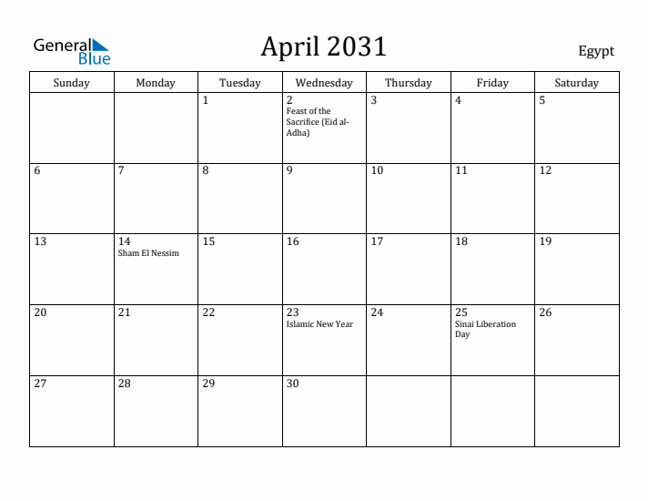 April 2031 Calendar Egypt