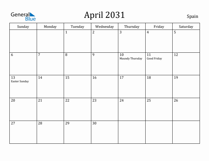April 2031 Calendar Spain